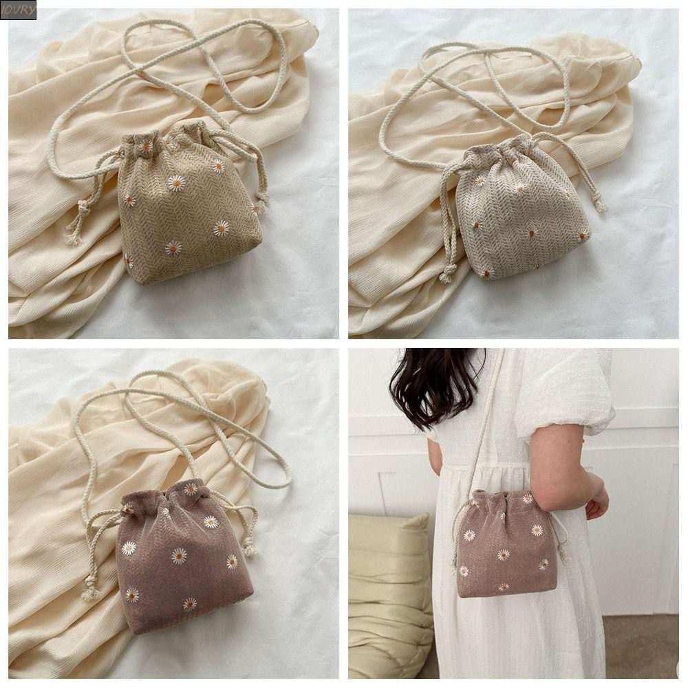Ivory Straw Bucket Bag, Daisy Rattan Summer Shoulder Bag, Sweet Square Shoulder Strap Handbag Small Messenger Bag Lady