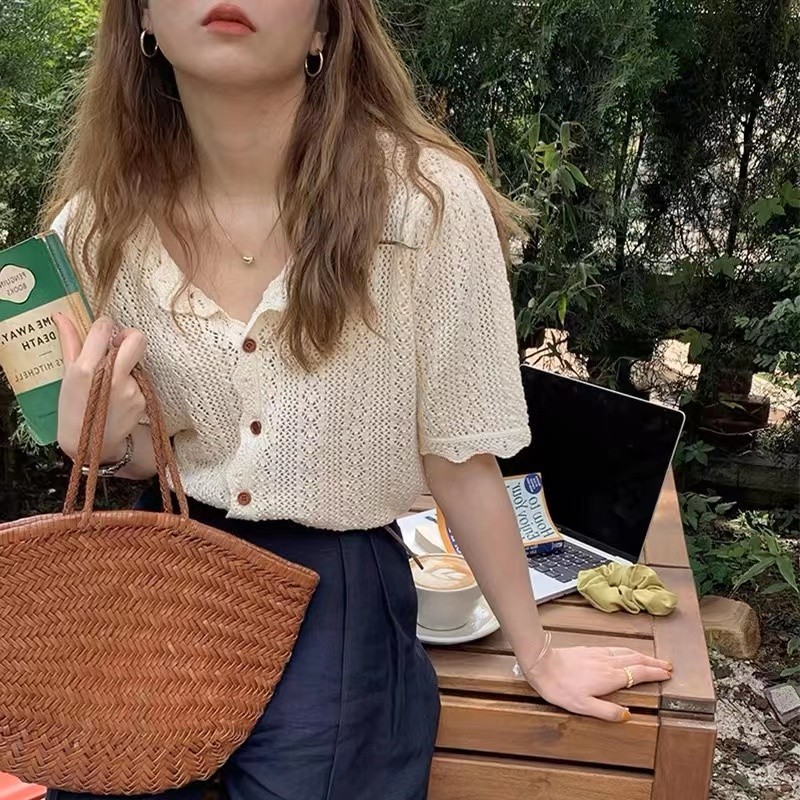 Suxi Retro ฤดูร้อนสไตล์เกาหลีลําลองแขนสั้นถักเสื้อยืดผู้หญิง Tops 240428