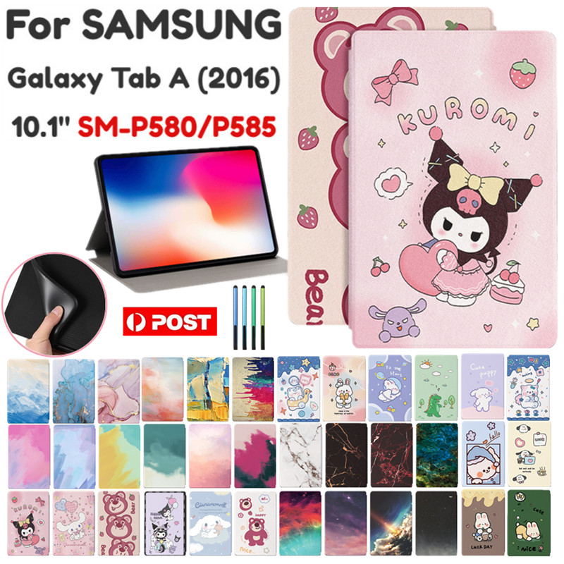 สําหรับ Samsung Galaxy Tab A 10.1 2016 SM-P580 SM-P585 w/S ปากกา Kuromi Melody Labubu Crayon Shin Chan น่ารักการ์ตูนรูปแบบหนัง + TPU แฟชั่นขาตั้งแท็บเล็ตป้องกันกรณี