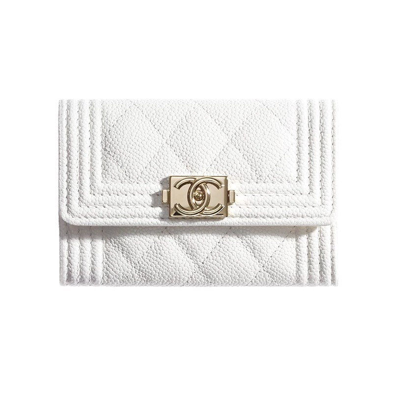 Chanel/Chanel Women's Card Bag BOY Fold Short White Grained Calf Leather Gold Metal Buckle Credit Clip