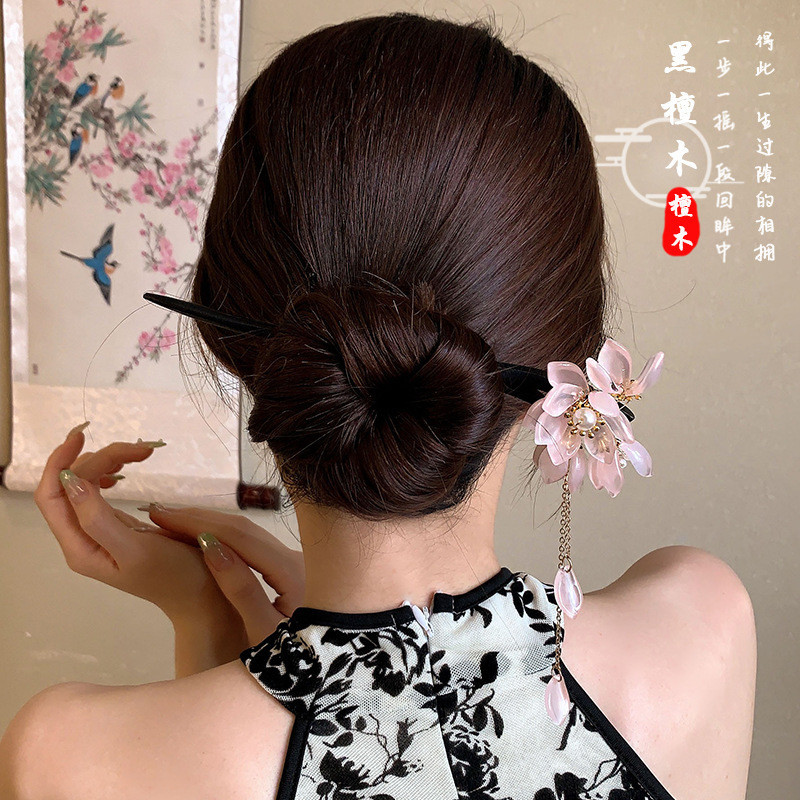 2024 ใหม ่ สีดําไม ้ ผมบุญสาวอุปกรณ ์ เสริมผมเรซิ ่ นดอกไม ้ กิ ๊ บติดผม