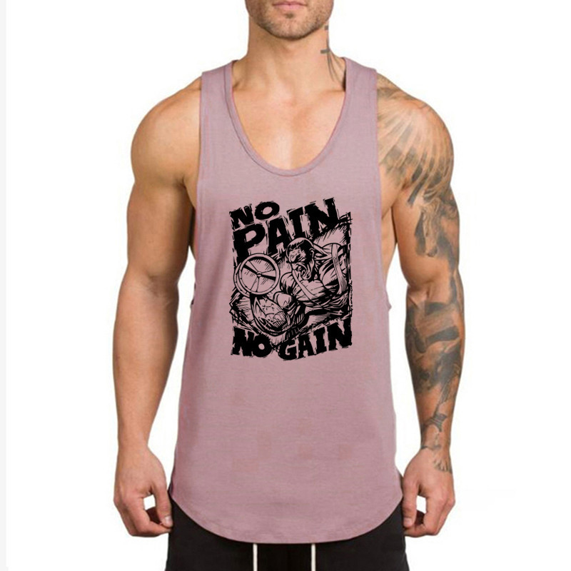 NO PAIN NO GAIN พิมพ์ผู้ชาย U-คอกีฬาเสื้อกั๊ก Breathable Bottoming เสื้อกันหนาวหลวมการฝึกอบรมผ้าฝ้าย