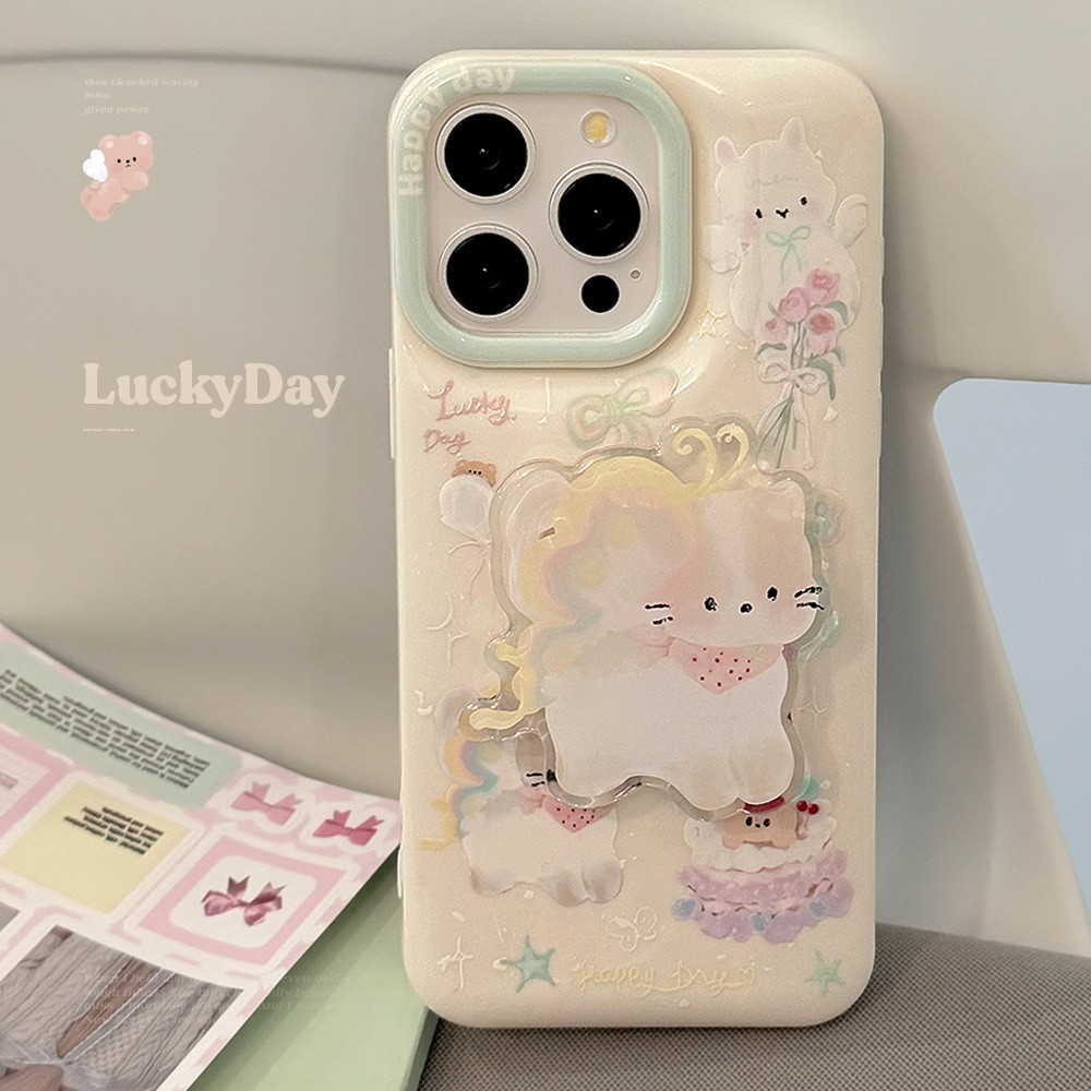 ฤดูร้อนแมวน่ารัก Stand Holder เคสโทรศัพท์สําหรับ IPhone 11 15 14 13 12 Pro Max X XR 8 7 Plus กันกระแทก Soft TPU ฝาหลัง