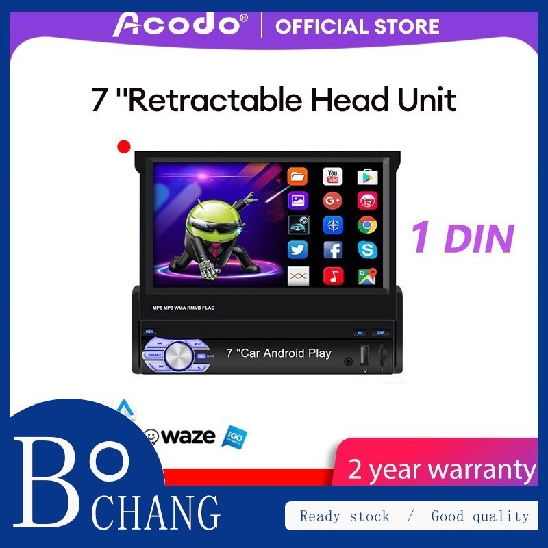 Acodo 1 Din 7 นิ้ว Retractable Host Android 9.0 1g Ram 16g Rom พับรถสเตอริโอหน้าจอสัมผัสรถมัลติมีเดี