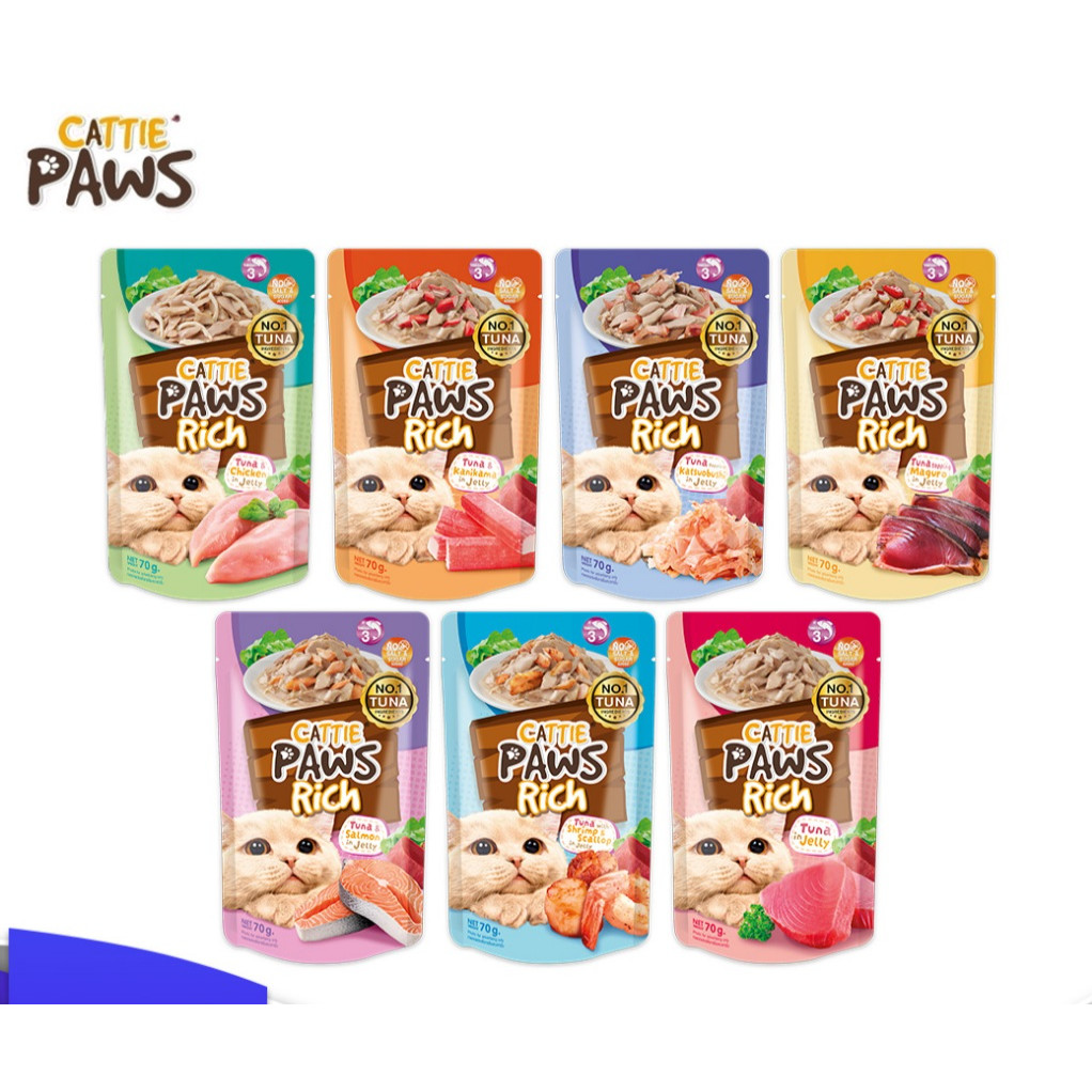 ใหม่ Cattie Paws Rich อาหาร แมว แคทตี้ พาวส์ ริช เนื้อปลาทูน่า เกรดพรีเมี่ยม ไม่เติมเกลือ และ น้ำตาล 70 กรัม