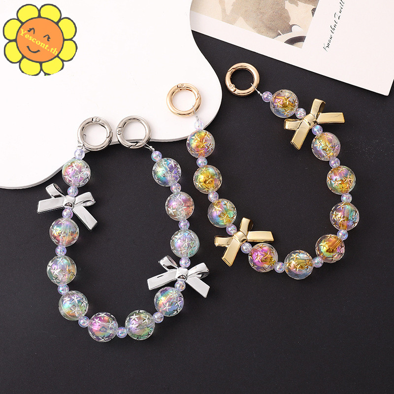 Yescont Starry Sky Beaded Gold-plated Bow โซ่โทรศัพท์มือถือ Anti-Lost โทรศัพท์ Lanyard จี้พวงกุญแจกระเป๋า Hand Chain TH