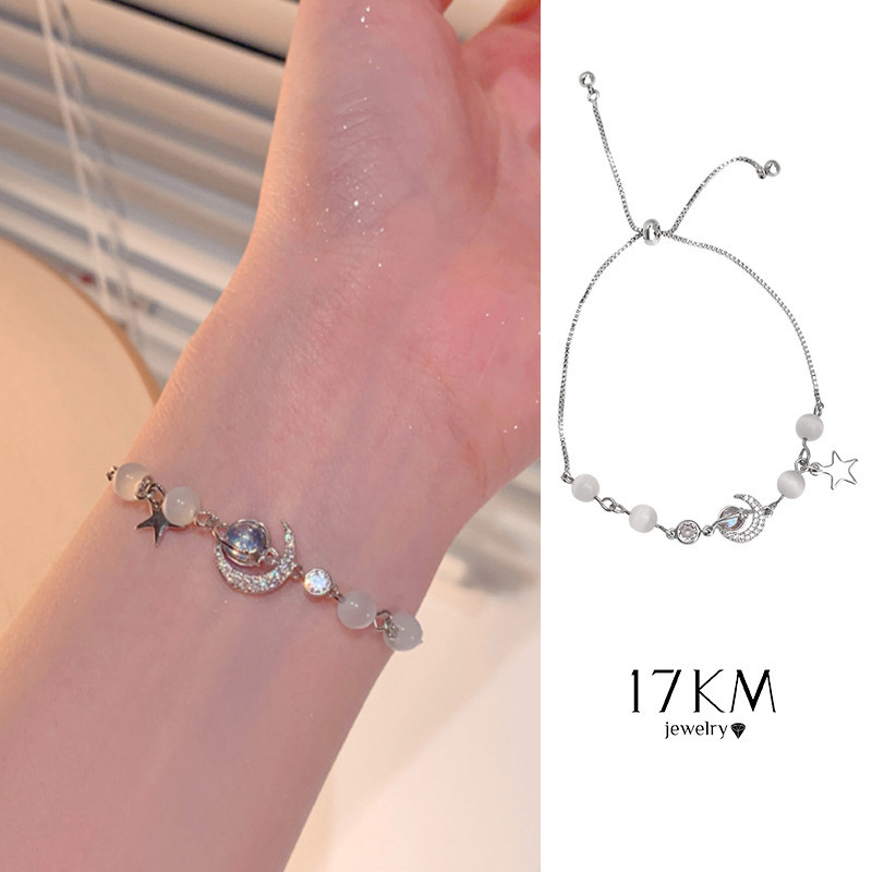 17km Star Moon สร ้ อยข ้ อมือลูกปัดแก ้ วคริสตัลดึงปรับเงินสร ้ อยข ้ อมือผู ้ หญิงเครื ่ องประดับอุปกรณ ์ เสริม