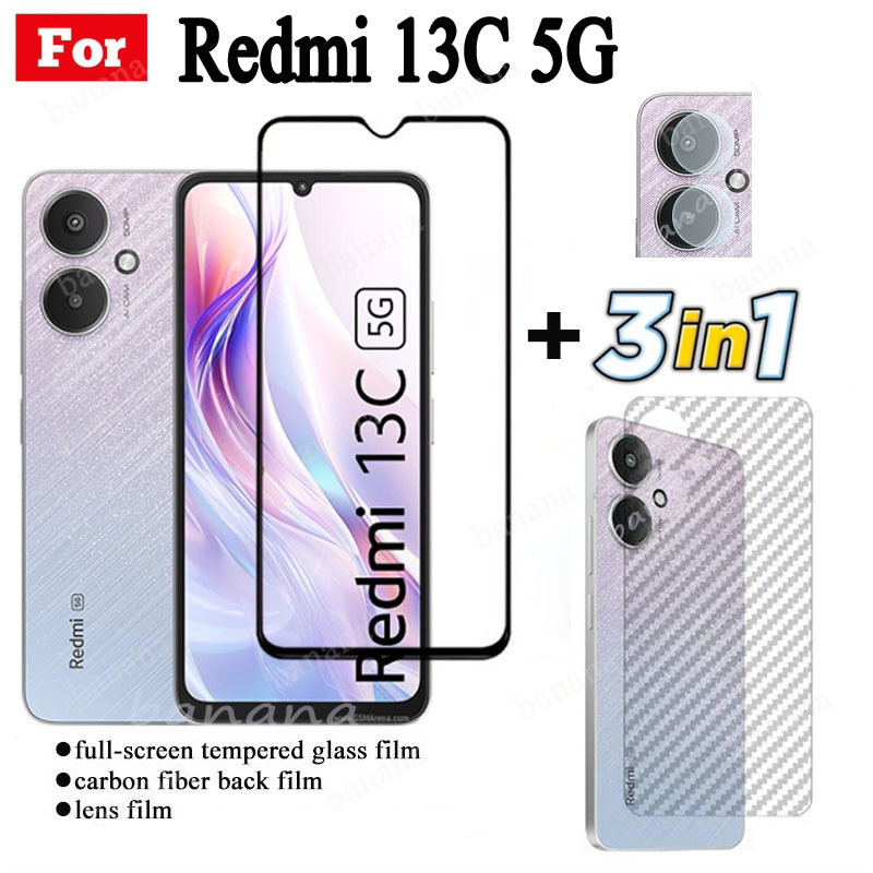 3 IN 1 Redmi 13C 5G ฟิล์มกระจกนิรภัยสําหรับ Redmi Turbo 3 Redmi A3 หมายเหตุ 13 Pro 4G 5G คลุมทั้งหมดป้องกันหน้าจอกระจก + ฟิล์มเลนส์กล้อง + ฟิล์มด้านหลัง