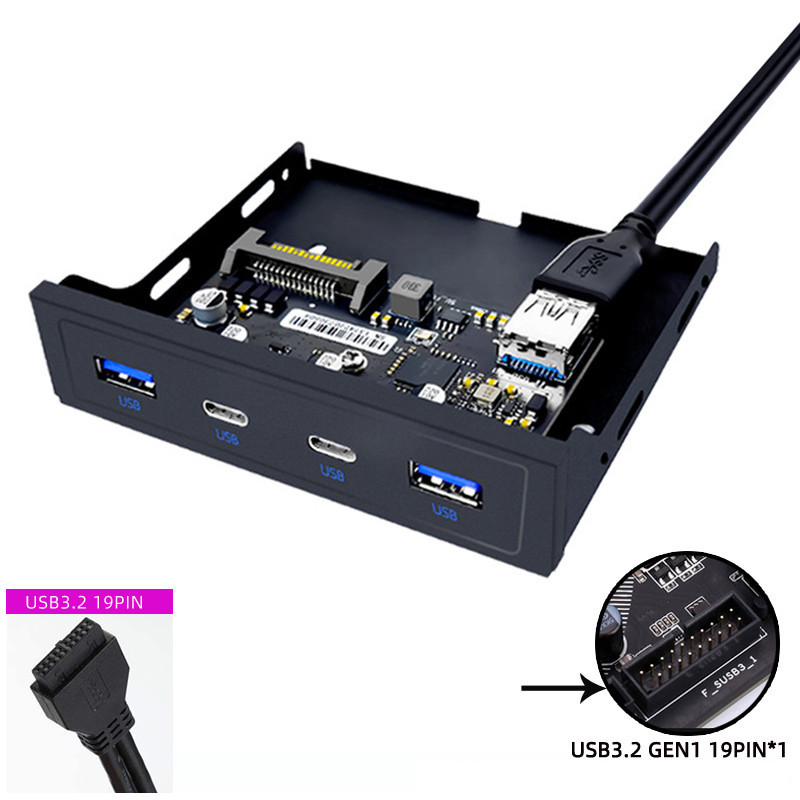 20 Pin 3.5 "Phyppy Bay USB แผงด้านหน้า 2 พอร์ต USB 3.0 + 2 พอร์ต USB 3.2 GEN1 5Gbps Type C อะแดปเตอร์ขยายสําหรับเดสก์ท็อป