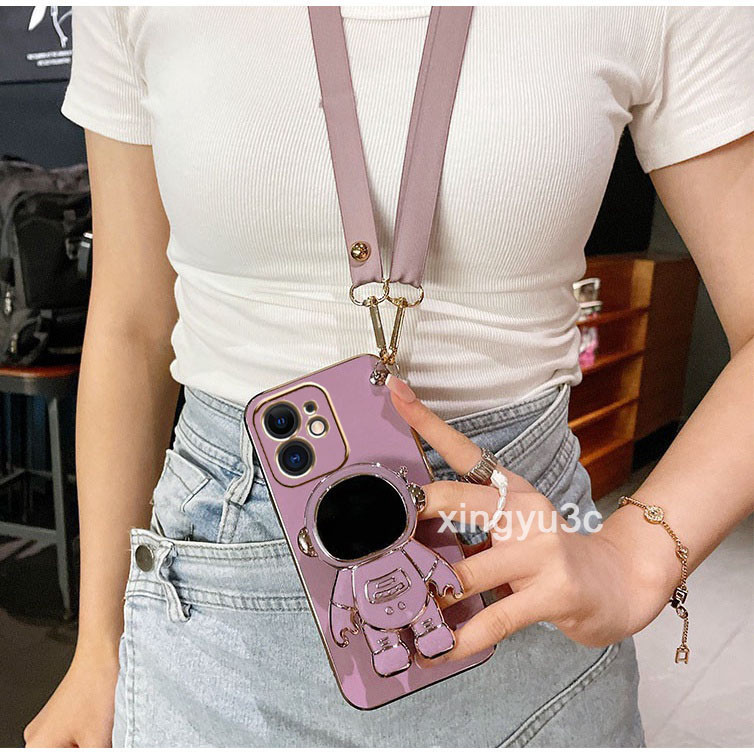 เคสเชือกเส้นเล็ก iphone 11 iphone 11 pro iphone 11 pro max เคสโทรศัพท์ชุบด้วยไฟฟ้ารูปนักบินอวกาศพร้อมขายึดหมุนได้ 360 องศา เคสโทรศัพท์ซิลิโคนมา