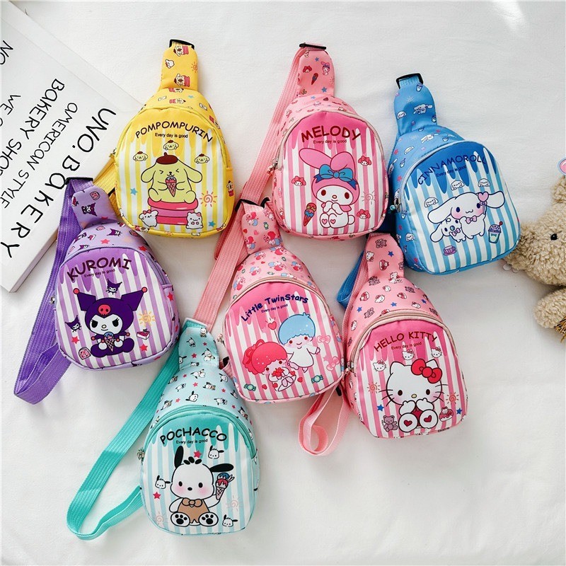 Kawaii Sanrio กระเป๋าคาดหน้าอก Hello Kitty Kuromi Cinnamoroll กระเป๋าสะพายข้างกระเป๋าเดินทาง Messenger ไหล่สําหรับเด็ก Cross Body กระเป๋าเด็กของขวัญ