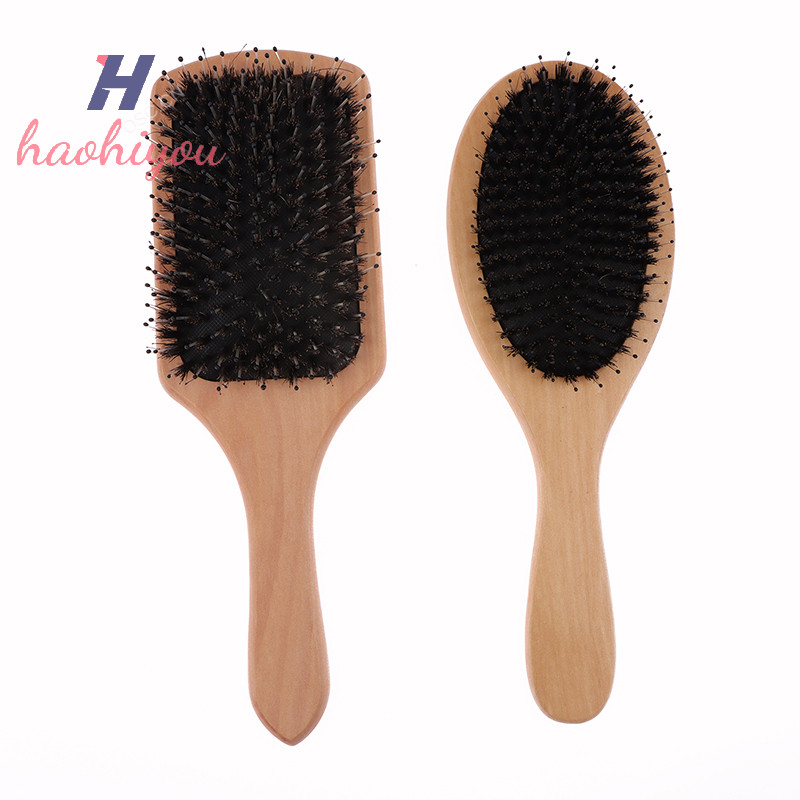 <haohiyou> Boar Bristle Hair Brush ผู้หญิงไม้ไม้ไผ่แปรงผม Professional Curly ถุงลมนิรภัยแปรงหนังศีรษะหวีสําหรับผม Beauty Care Salon เครื่องมือ Nice