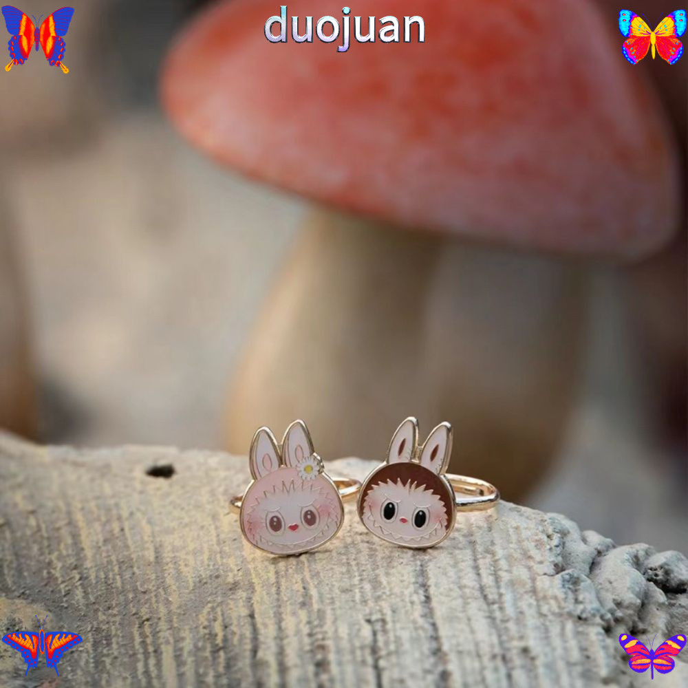 Duojuan Labubu Ring, Bubble Mart หรูหรา Labubu ต ่ างหู, ไม ่ จางหายการ ์ ตูนโลหะผสมแหวนคู ่