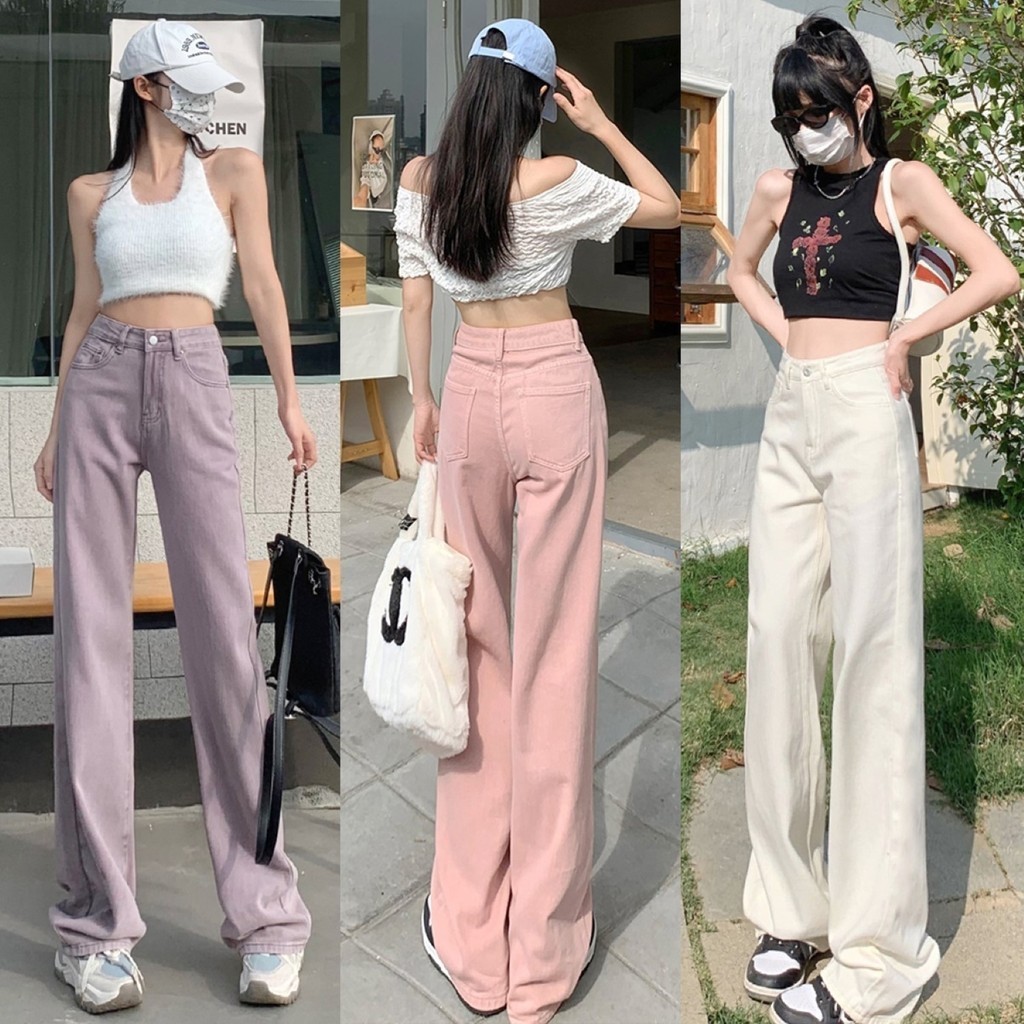 🔥ราคาถูกที่สุด🔥กางเกงยีนส์ผู้หญิง ขายาวทรงกระบอก สีละมุนสวยๆ 3 สี