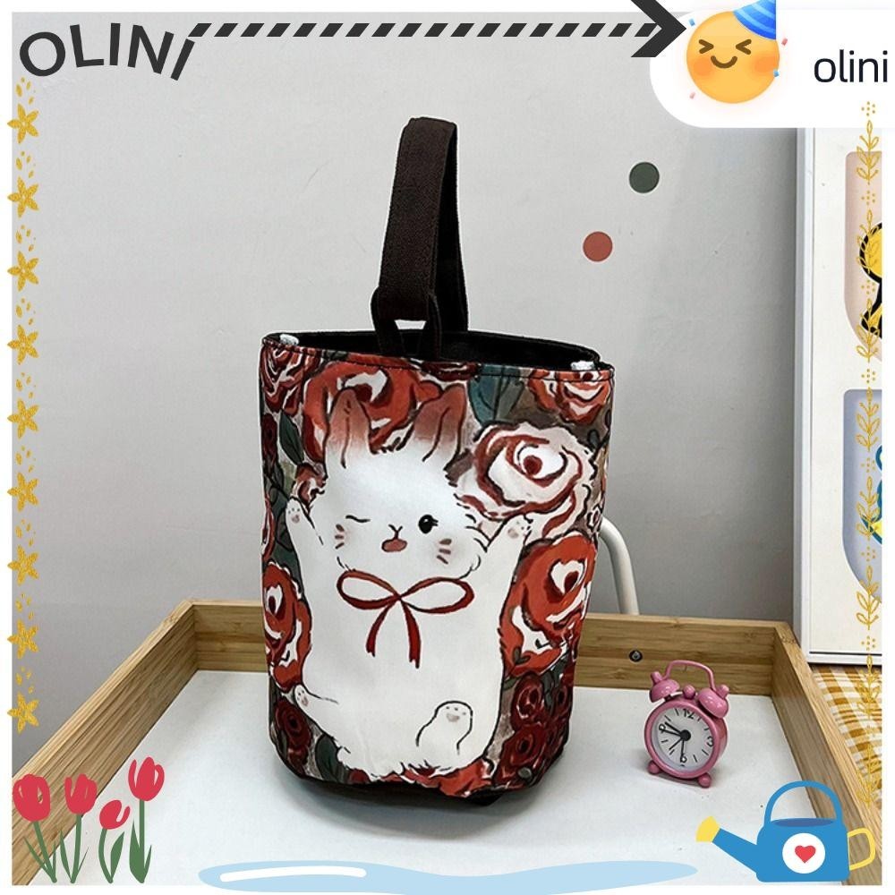 Olini กระเป๋าทรงกระบอก กระเป๋าผ้าใบ ทรงบักเก็ต ลายดอกกุหลาบ ขนาดใหญ่ จุของได้เยอะ สําหรับใส่อาหารกลางวัน