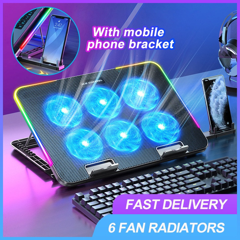 Laptop Cooling Pad พร้อมที่วางโทรศัพท์มือถือ พัดลมโน๊ตบุ๊ค Macbook Cooler 9"-18" ขาตั้งแท็บเล็ต ปรับระดับความสูงได้