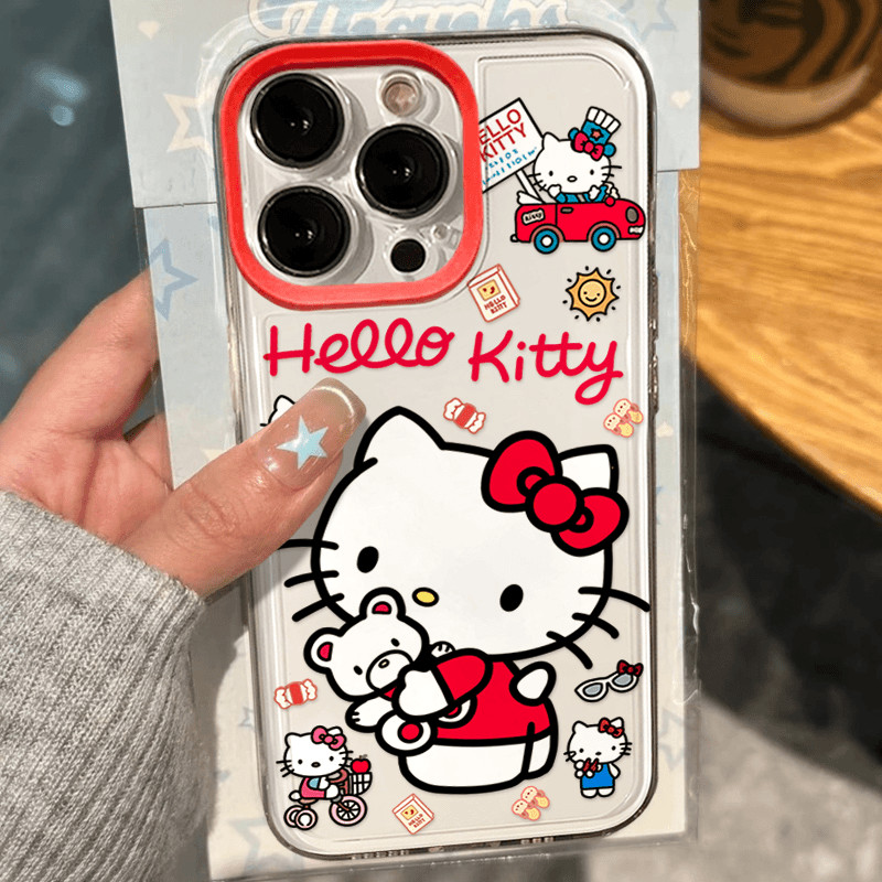 กรอบสีแดง Hello Kitty Pattern เคสโทรศัพท ์ ซิลิโคนอ ่ อนใสเหมาะสําหรับ iPhone x/xs/xr/xsmax/7/8plus/11Promax/12/13/14Promax/15 เคสป ้ องกันแบบรวมทุกอย ่ างกันกระแทก 0CHL