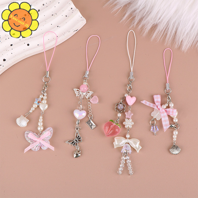 Yescont หวานพีช Bowknot โทรศัพท ์ Chain Shell หัวใจจี ้ หูฟังแขวนเชือก Anti-Lost Lanyard สายรัดกระเป ๋ า Decor TH