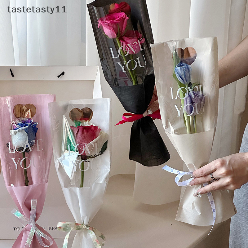Ta 10 ชิ้นเดี่ยว Rose แขนดอกไม้ห่อกระเป๋าช่อดอกไม้ถุงบรรจุภัณฑ์ Clear Cellophane ดอกไม้ Wrappers สําหรับวันวาเลนไทน์ TH