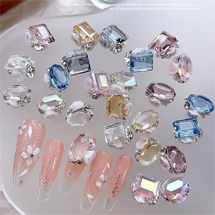 Nail Art Rhinestones คริสตัลตกแต่งเล็บสติกเกอร์เล็บ DIY หินใส Shinning เครื่องประดับแก้วเพชรโปร่งใส Rose Pearl 5 ชิ้น KOUDAN
