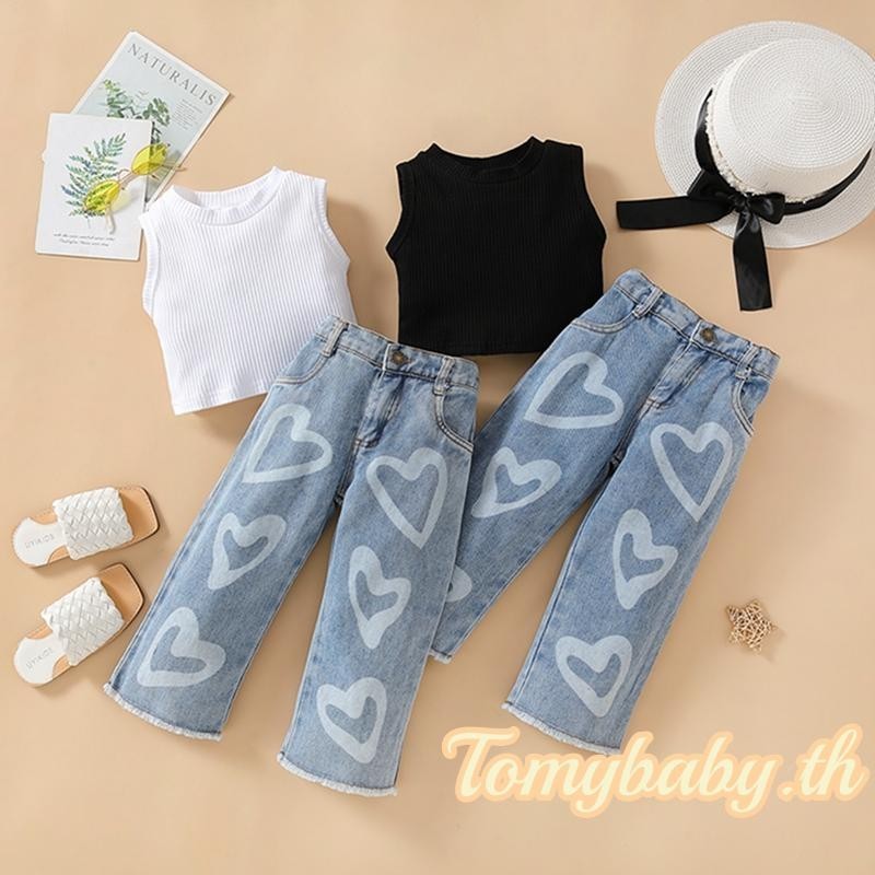 Tomybaby-เสื้อกล้ามแขนกุดผ้าริบสีพื้นสำหรับเด็กผู้หญิง 2 ชิ้น + กางเกงยีนส์ลายพิมพ์หัวใจ