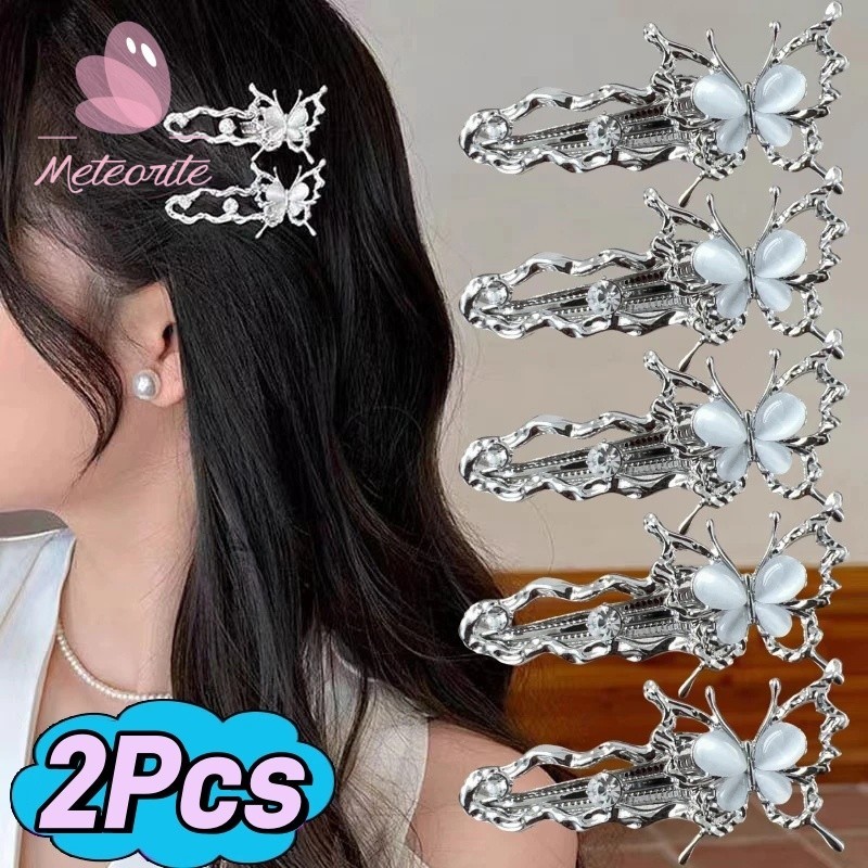 Sweet Cool Punk Butterfly Bangs Clip - ประณีตไม่สม่ําเสมอ Cat Eye Stone ผีเสื้อ Hairpin - บุคลิกภาพผู้หญิง Barrettes