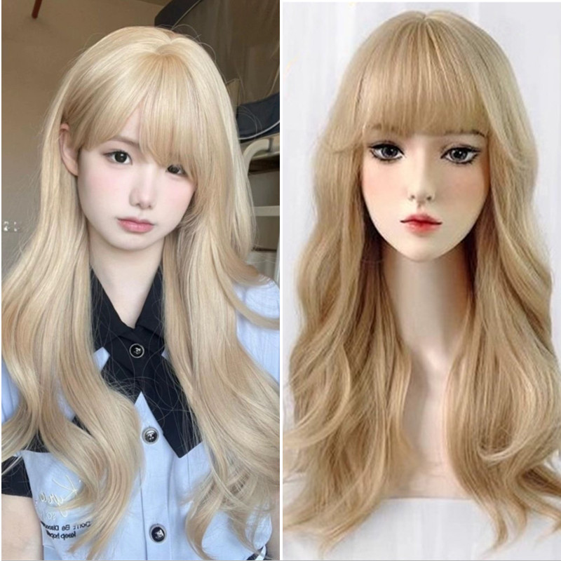 65 ซม.วิกผมสีเบจยาวหยิกวิกผม Bangs Big Curls ผมวิกผมสังเคราะห ์ ธรรมชาติคอสเพลย ์ วิกผมสําหรับผู ้ หญิงผู ้ ชายสวมใส ่