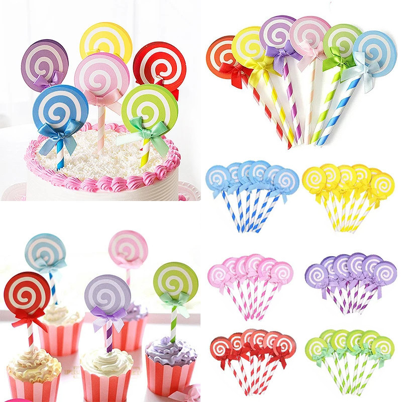 6 ชิ้น/เซ็ต Rainbow Lollipop เค้ก Topper วันเกิดเค้ก Cupcake ตกแต่ง