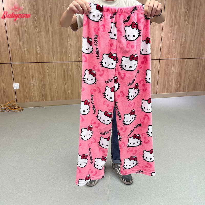 Byce> Hello Kitty ชุดนอนกางเกง Kawaii อะนิเมะฤดูใบไม้ร่วงฤดูหนาวที่อบอุ่นเสื้อผ้า Multi-สไตล์ Flannel กางเกงลําลองสาวของขวัญใหม่