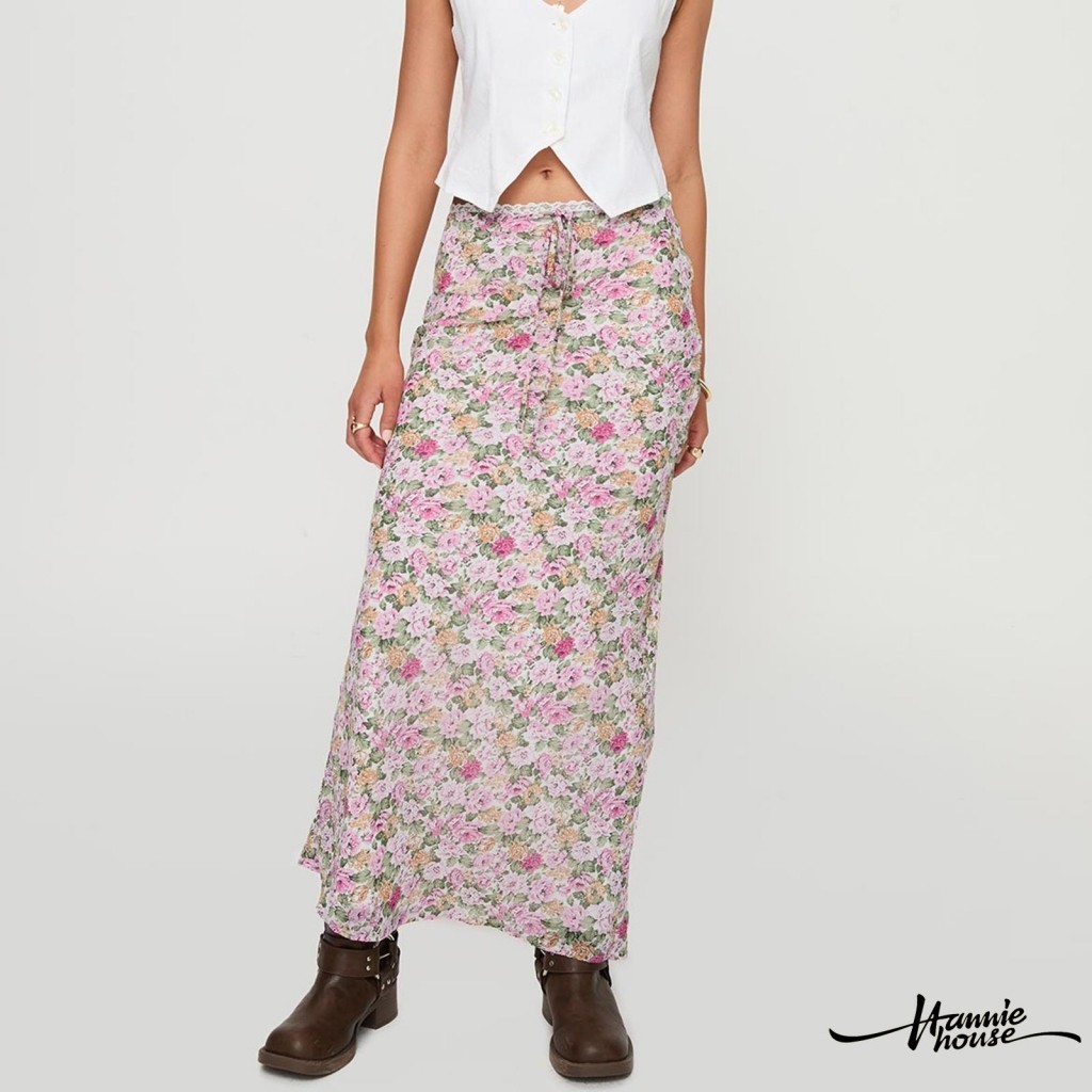 Hannie House- กระโปรง Midi Drawstring Midi ลายดอกไม ้ สําหรับผู ้ หญิง