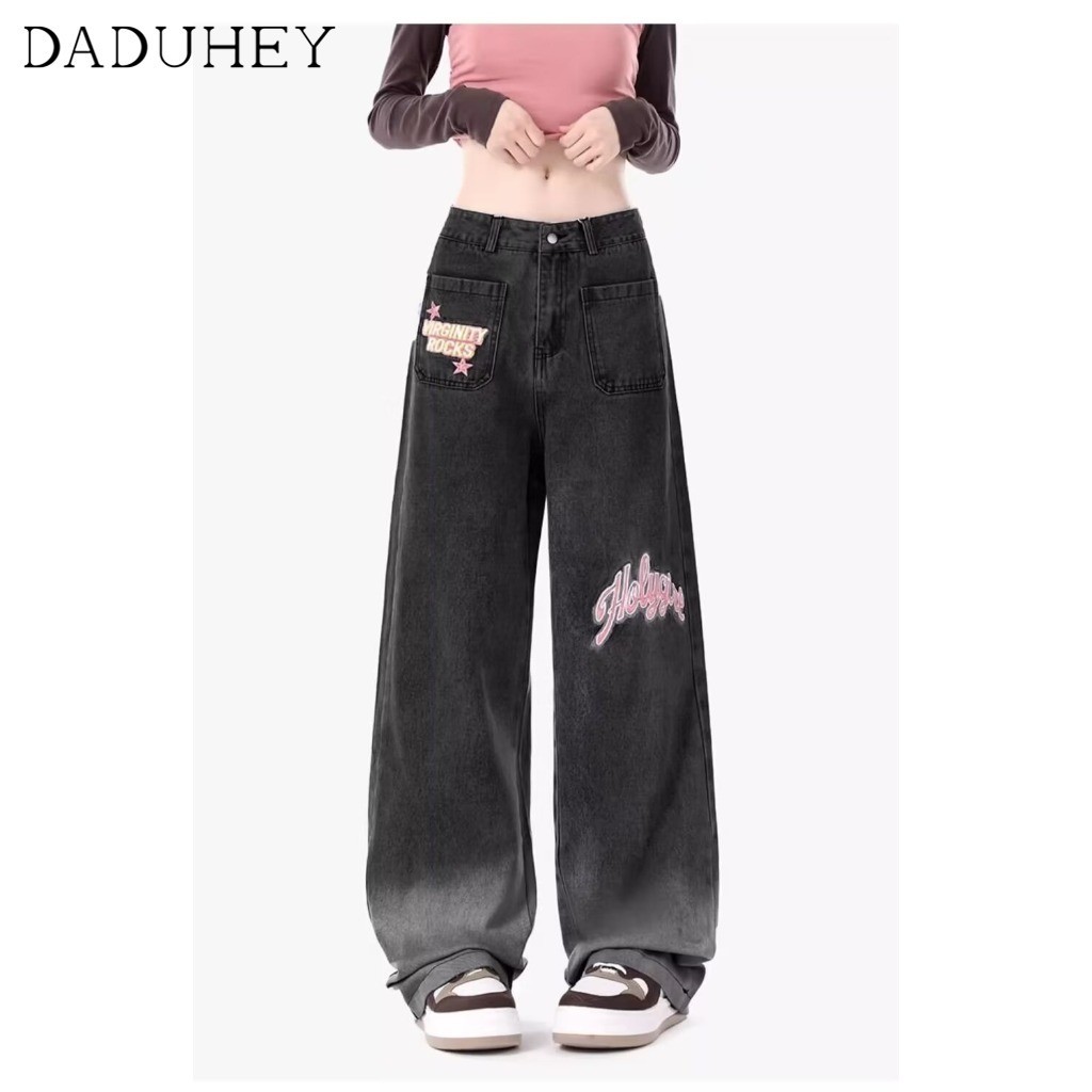 DaDuHey2026  Women's Korean Style High Waist Loose Straight Casual Wide-Leg Pants 2026 New Contrast Color Jeans