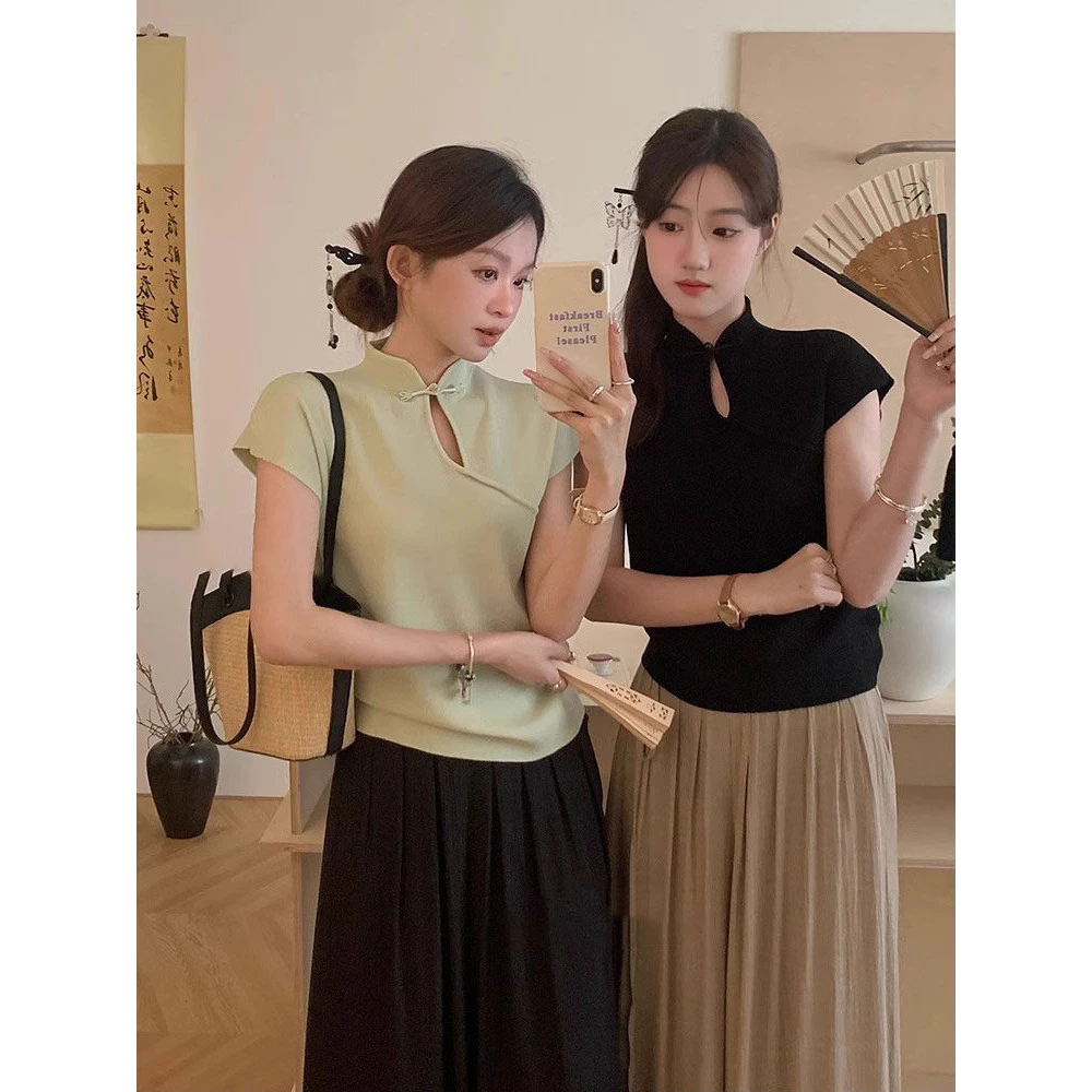 Gakki เสื้อยืดแขนสั้นสไตล์จีนปุ่มแผ่นดิสก์คอปกผู้หญิง Hollow Flying Sleeve Top พร้อมส่ง 2145#