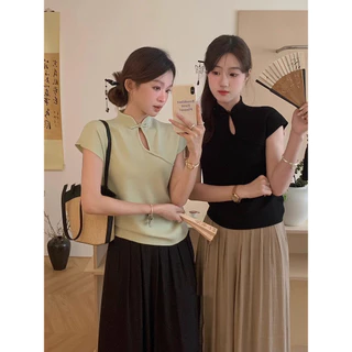 Gakki เสื้อยืดแขนสั้นสไตล์จีนปุ่มแผ่นดิสก์คอปกผู้หญิง Hollow Flying Sleeve Top พร้อมส่ง 2145#