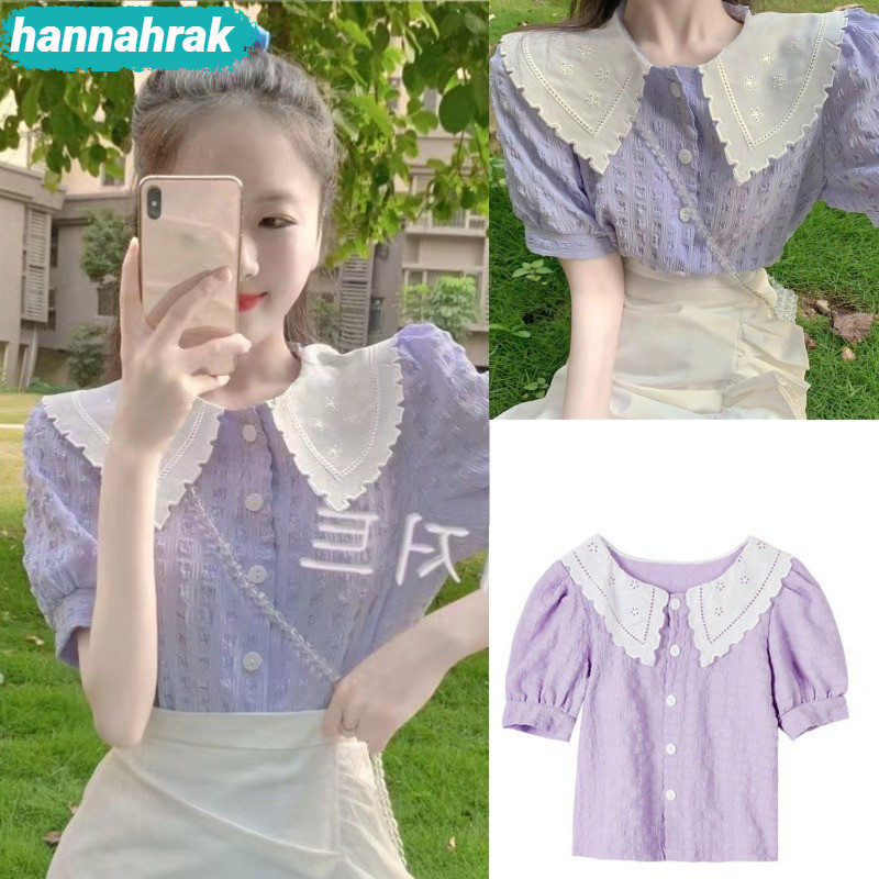 (ส่งจากกรุงเทพฯ)เสื้อเชิ้ตเบบี้ดอลล์แขนสั้นสีม่วง เก๋ๆ หวานๆ เสื้อผ้าผู้หญิง สไตล์เกาหลี