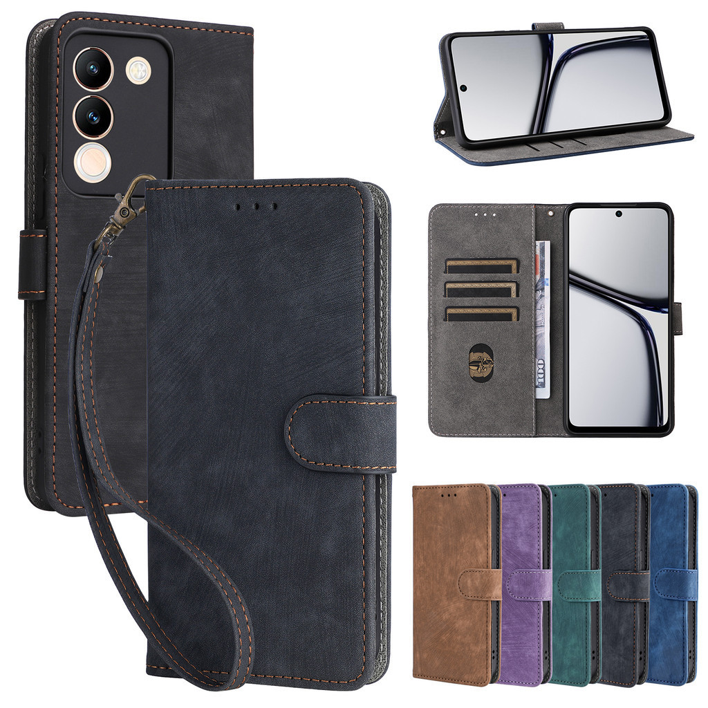เคสวีโว่ Case for Vivo Y38 Y28 Y18 Y03 Y01 Y01A Y15s Y15A Y16 Y17s Y33s Y33t Y21T Y21s Y21 Y35 Y22s Y22 Y36 Y27s Y27 Y78 V30 V30e V29 Lite V29e V27 X100 Pro 5G เคสโทรศัพท์หนังฝาพับพร้อมช่องใส่บัตรสําหรับ PU Leather Flip Cover Wallet Hand Strap
