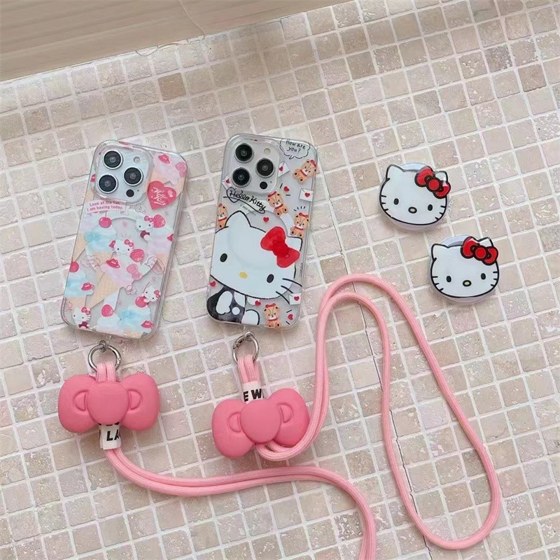 Sanrio ตัวอักษร Hello Kitty โปร่งใส MagFit กรณี Lanyard สายคล้องแม่เหล็กโทรศัพท์ Kickstand สําหรับ iPhone 15 Pro Max 15 Plus 14 Pro 13 กันกระแทกฝาครอบ