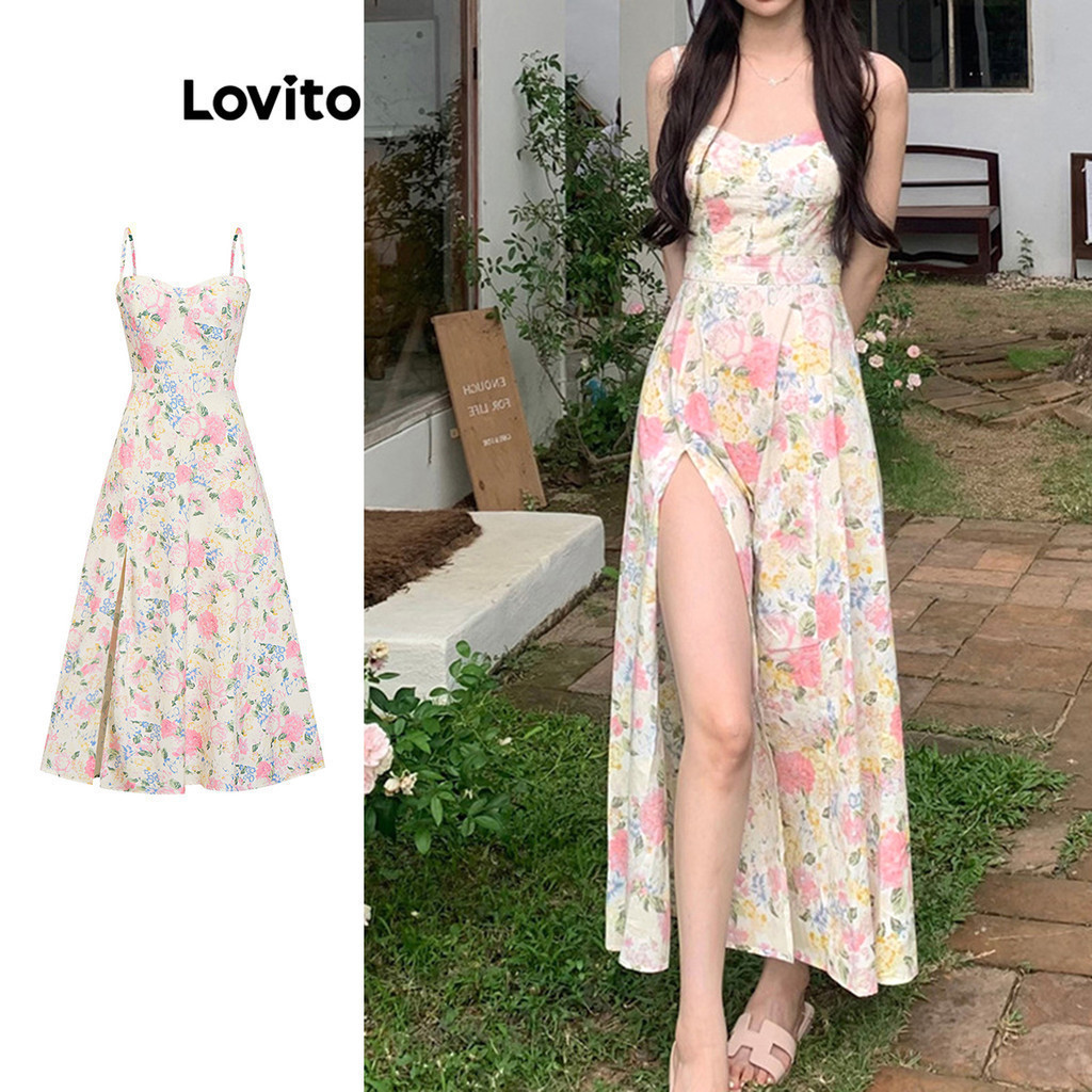 Lovito เดรสผู้หญิง ลายดอกไม้ แต่งผ่า สไตล์โบโฮ L79AD072
