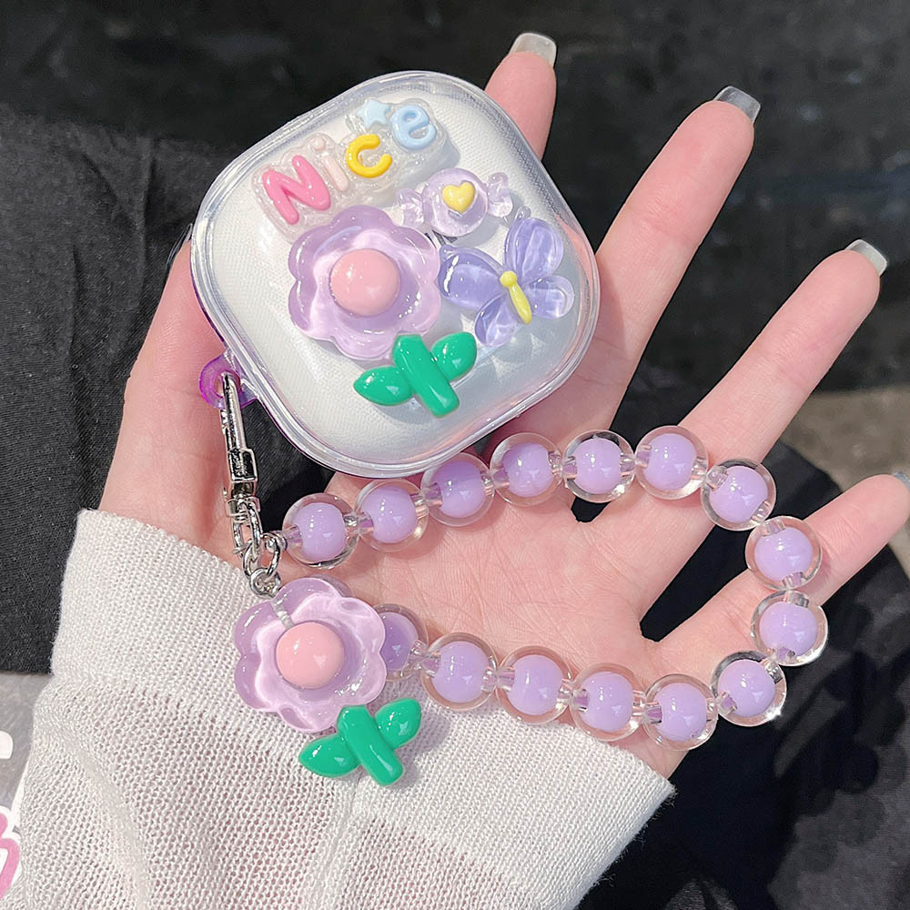 เคสหูฟังสําหรับ Samsung Galaxy Buds Live FE 2 Buds2 Pro เกาหลี 3D ดอกไม้ดอกไม้โปร่งใสนุ่มพร้อมสร้อยข้อมือลูกปัด
