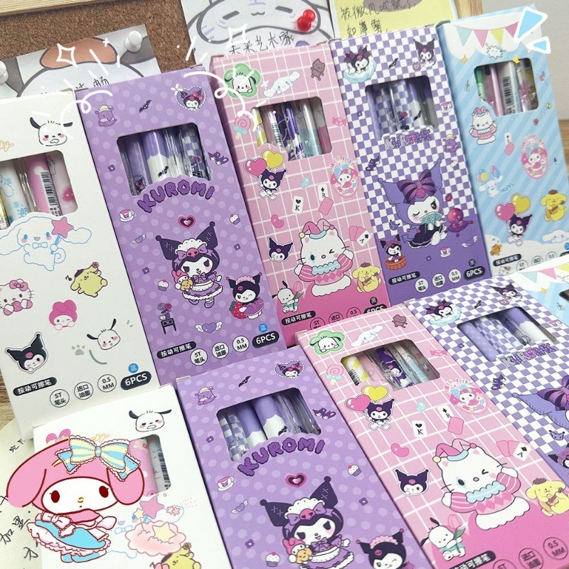 6 ชิ้นการ์ตูน Sanrio Erasable ปากกาเจลชุดน่ารัก Kuromi HelloKitty ปากกาหมึกความจุขนาดใหญ่คุณภาพสูง ST ปลายปากกา Quick-drying ปากกาลายเซ็น