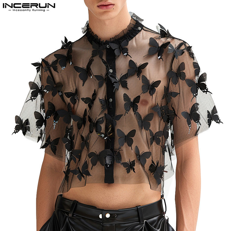 ไม่แน่นอน เสื้อดีไซน์แขนสั้นซีทรูแฟชั่นวินเทจสําหรับผู้ชาย