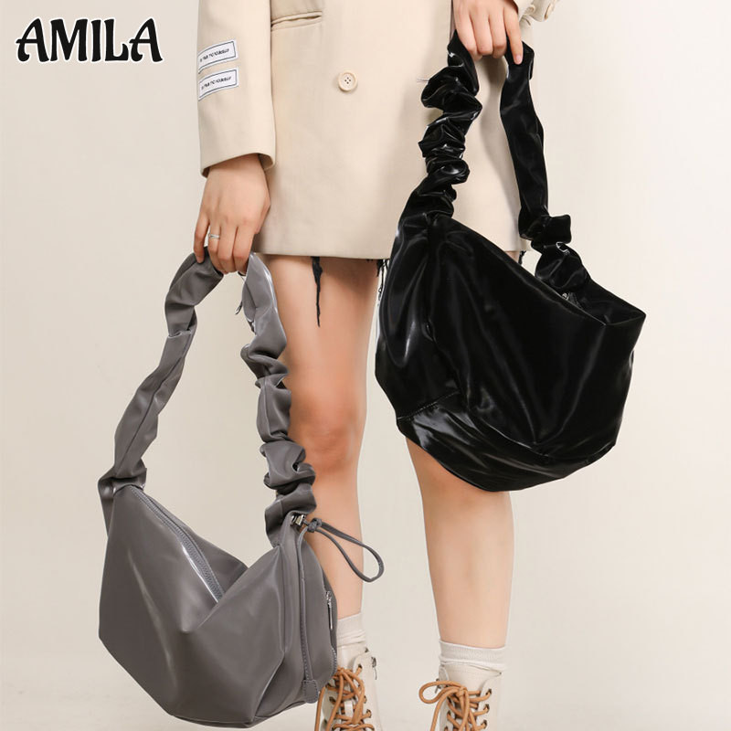 Amila High-Grade ความจุขนาดใหญ่ Dumpling กระเป๋าแฟชั่นหนังนุ่ม Underarm Crossbody กระเป๋าสะพาย