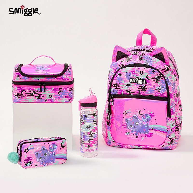 ออสเตรเลีย smiggle Space Cat กระเป๋านักเรียนน้ําหนักเบานักเรียน Burden-Reduction กระเป๋าใส่อาหารกันน้ําถ้วยน้ํากล่องดินสอ