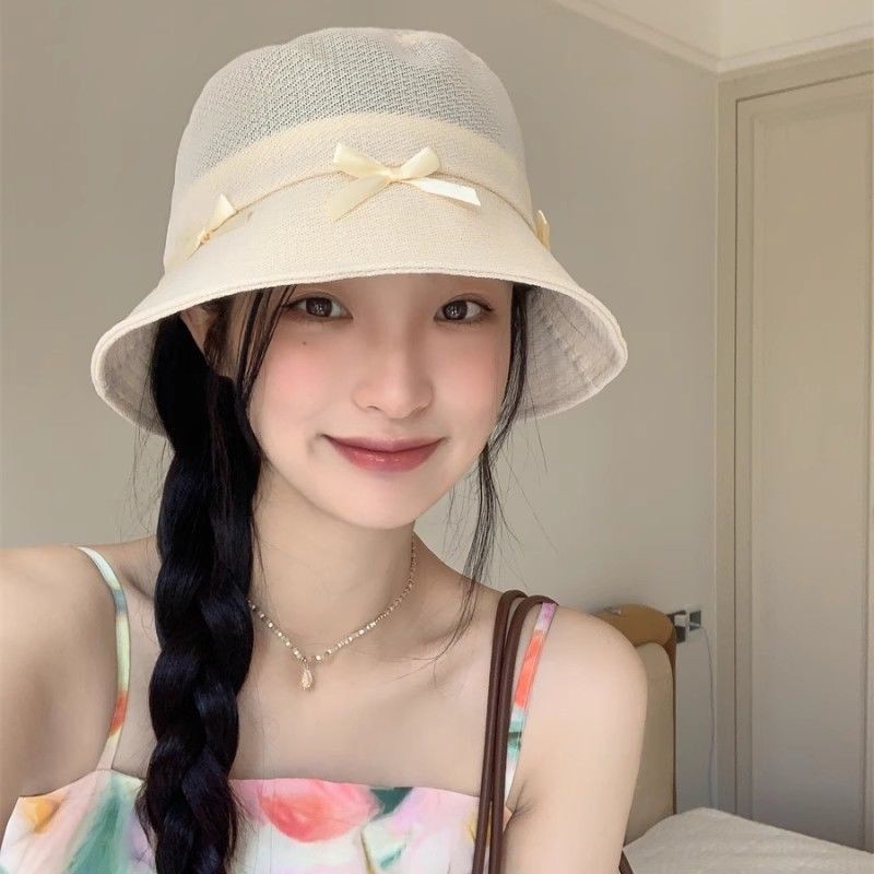 หมวกกันแดดทรงบักเก็ตสำหรับผู้หญิง รุ่นใหม่บางเบาพร้อมโบว์สำหรับฤดูร้อน