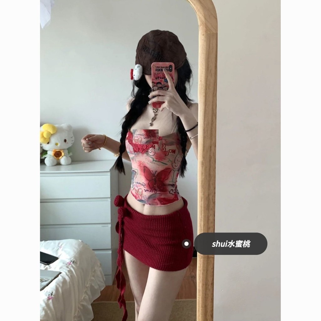 หวานสาวร้อนผีเสื้อพิมพ์สั้นยกทรงหญิงเซ็กซี่สีแดงกุหลาบริบบิ้นสลิมมิ่งสะโพกกระโปรงสูท