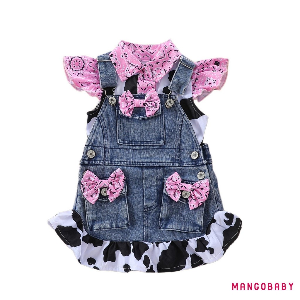 Mg-little Girl Summer Dresses Cow Print Flying Sleeve Lapel Button Tops with Ruffled Denim Overalls 