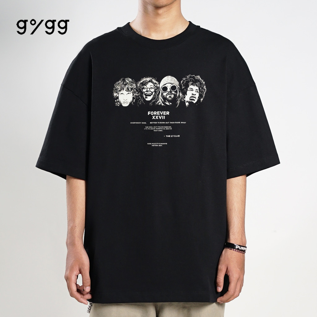[HOT] Gigg - 27 Club - เสื้อยืดโอเวอร์ไซส์สีดําสําหรับผู้ชาย, หวีผ้าฝ้าย 20s, เสื้อยืดโอเวอร์ไซส์สีด