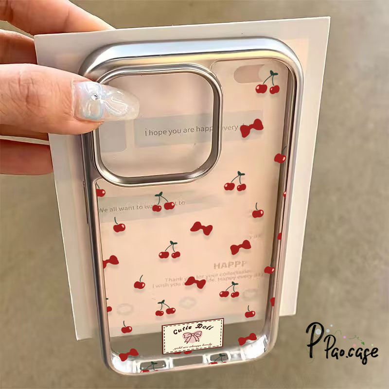 เคส เคสไอโฟน 15 11 16 13 14 12 Pro Max 7 16 8 14 15 Plus XR X MAX SE 2020 เคส TPU ลายการ์ตูนเชอร์รี่แดงผูกโบว์