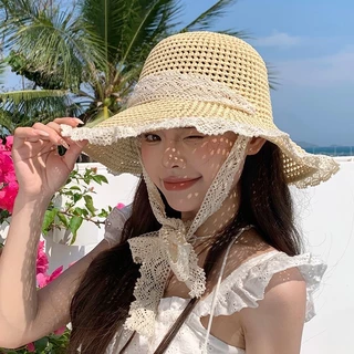 หมวกฟางเชือกถัก แต่งลูกไม้ กันลม สไตล์ เกาหลี เหมาะกับเดินชายหาด แฟชั่นฤดูร้อน สำหรับผู้หญิง
