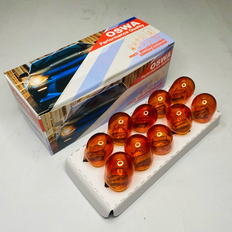 ส่งไว หลอดไฟเลี้ยว OSWA T20 12V 21W AMBER  1 ไส้ แสงสีส้ม แบบเสียบ(1 กล่อง 10 หลอด)