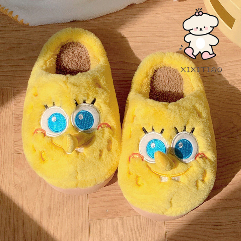 Xixtiao รองเท้าแตะผ้าฝ้าย SpongeBob SquarePants ฤดูใบไม้ร่วงฤดูหนาวสไตล์ Baotou ขนแกะในร่มนุ่มหนา-